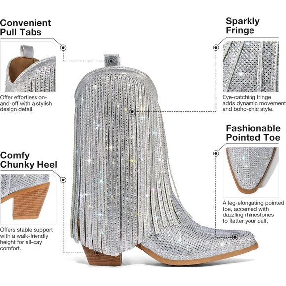 Women's Silver Rhinestone Fringe Sparkly Pointed Toe Western Chunky Heel Boots - Picture 5 of 7